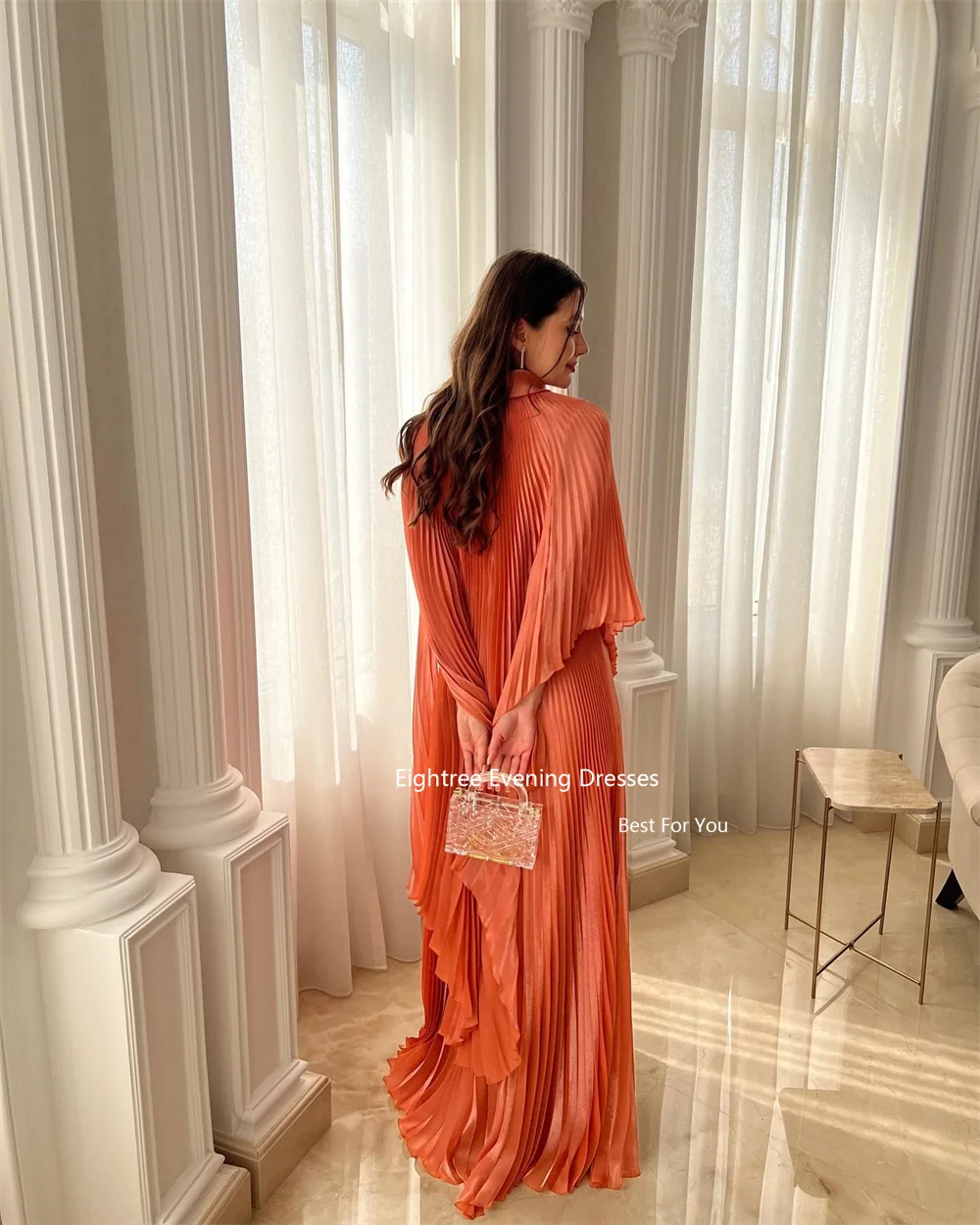 Eightree Formal Occasion Dresses Long Prom Dresses Oragnge Pleat O Neck Floor Length Robes Bal De Promo Robe Femme Soirée 2023