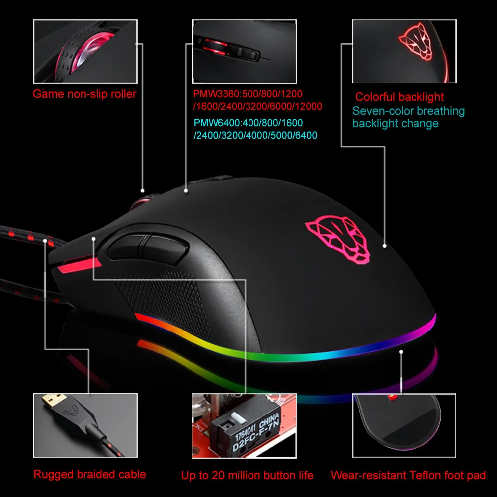 Motospeed V70 Wired Gaming Mouse Lightweight RGB Backlight 7 Keys Macro Programming Optical Sensor Mouse Gamer For PC Laptop