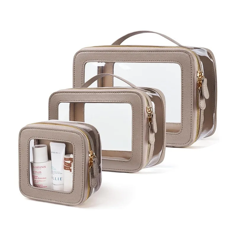 حقيبة مستحضرات التجميل ذات جودة عالية وسحابات مزدوجة شفافة من مادة PVC بثلاثة أحجام بنمط الليتشي