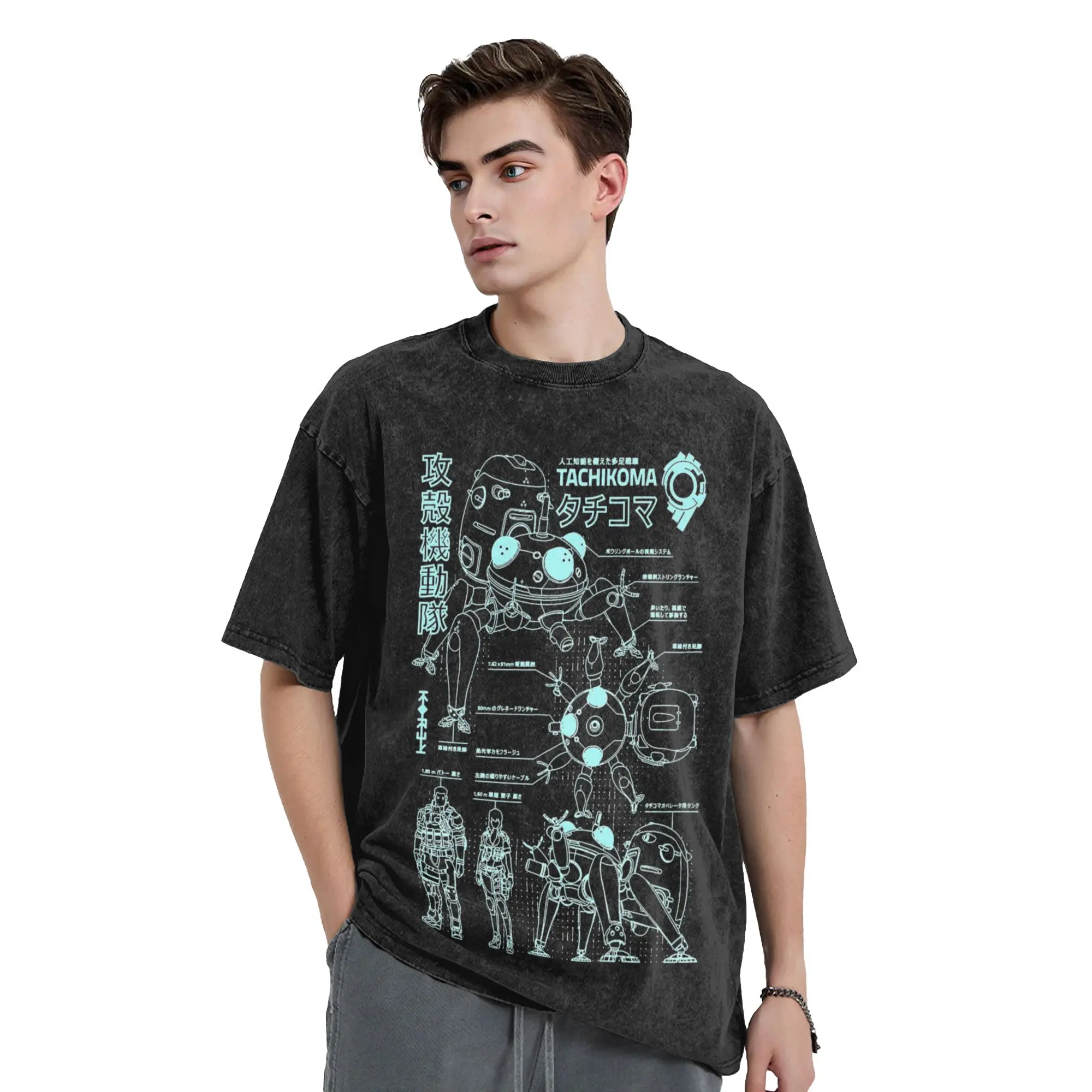 Tachikoma Blueprint Ghost In The Shell Vintage Washed T-Shirt 100% Cotton Tee Shirt Round Neck Short Sleeve T Shirts