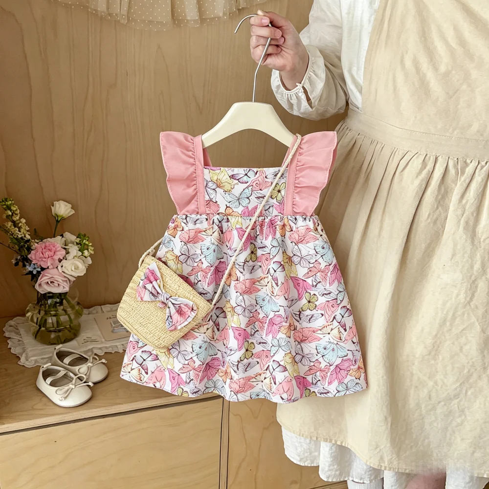 Baby Dress Summer Butterfly Printed Cotton Little Flying Sleeve Girl Dress Cute Beach Baby Girl Dress Baby Girl Clothing ﻿