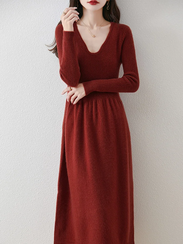 Women Wool Sweater Dress Autumn Winter V-Neck Slim Solid Soft Pullover 100% Merino Wool Knitwear Korean Popular Clothing Tops