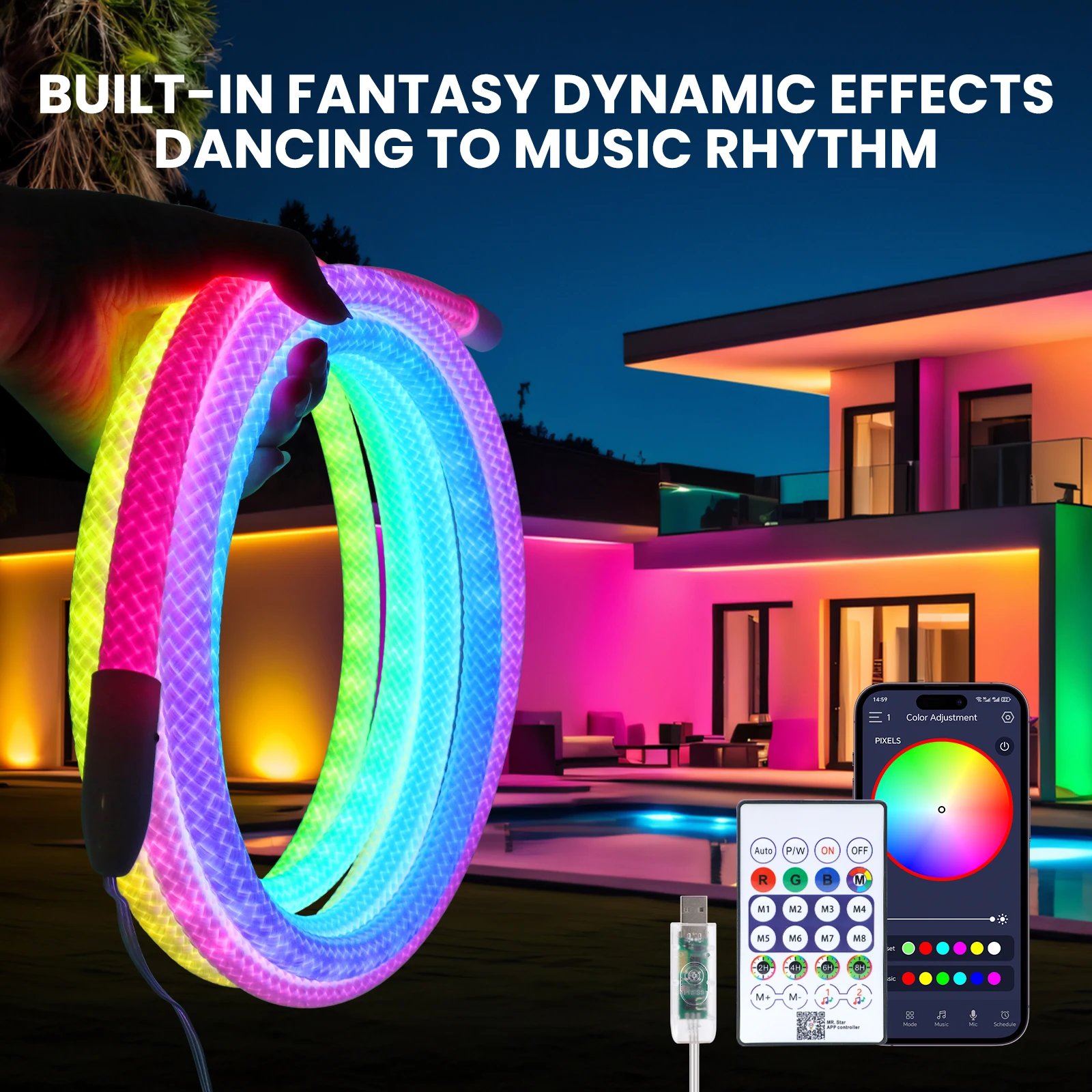 

5V Dimmable RGBIC LED Neon Rope Light IP67 1-5meters/Roll 360 Degree Round Reticulate Pattern Music Sync Timing Neon Pixel Light