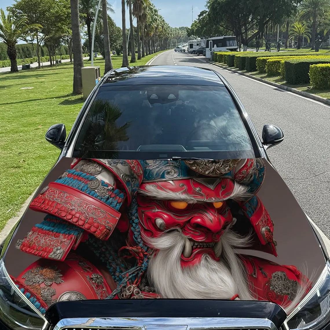 Red-armored Samurai Print Car Hood stickers , PVC Material Multifunctional Car Hood Stickers, Scratch-Resistant & Fade-Proof, Ea