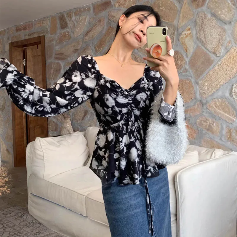 Spring summer design blouses V-neck floral drawstring shirt for women tops with slim waistband blusas mujer korean blouse women