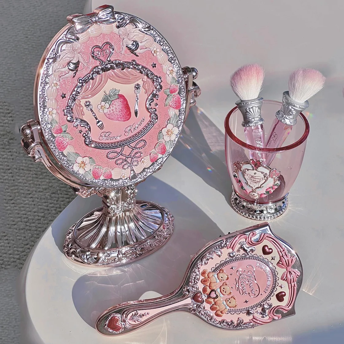 

Flower Knows 9th Anniversary Limited Edition Vanity Mirror Set with Paddle Hair Brush and Makeup Brush Holder Aesthetic Cosmetic