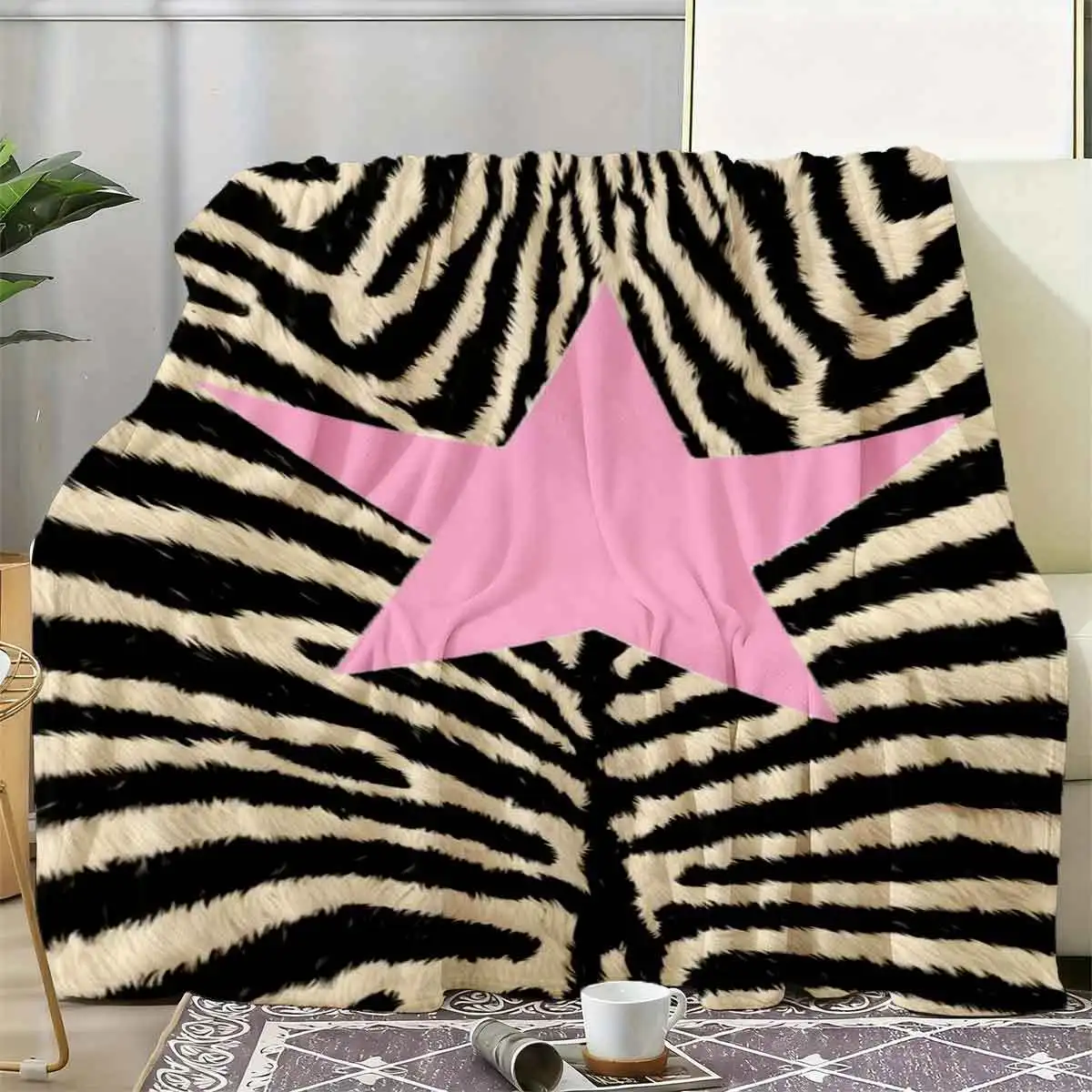Y2K Zebra Stripes With Big Pink Star Pattern Throw Blanket Trendy Aesthetic Art Print Soft Flannel Cozy Blanket for Bed Couch