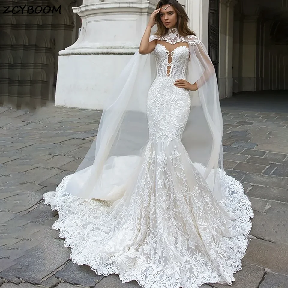 

New Elegant Lace Appliques Sweetheart Mermaid Wedding Dresses 2023 Backless Detachable Shawl Court Train Bridal Gowns For Women