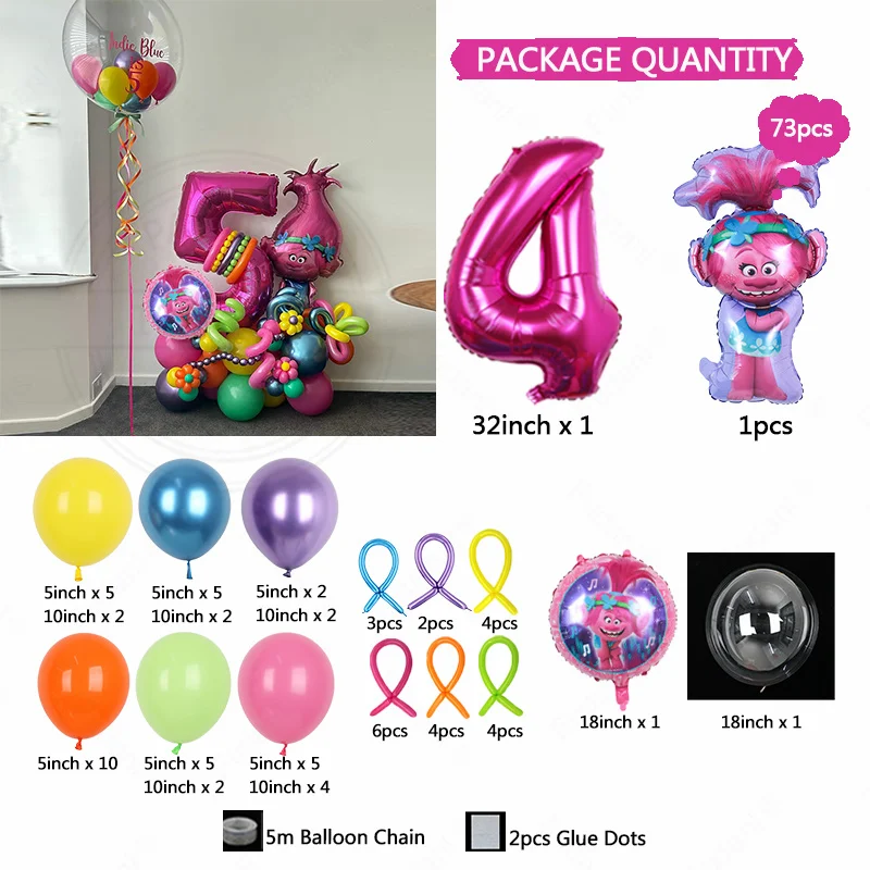 73 Uds. Globos temáticos de elfo de pelo mágico Trolls de Disney, suministros de decoración para fiesta de cumpleaños para niña, regalo para Baby Shower, Globos de helio para chico