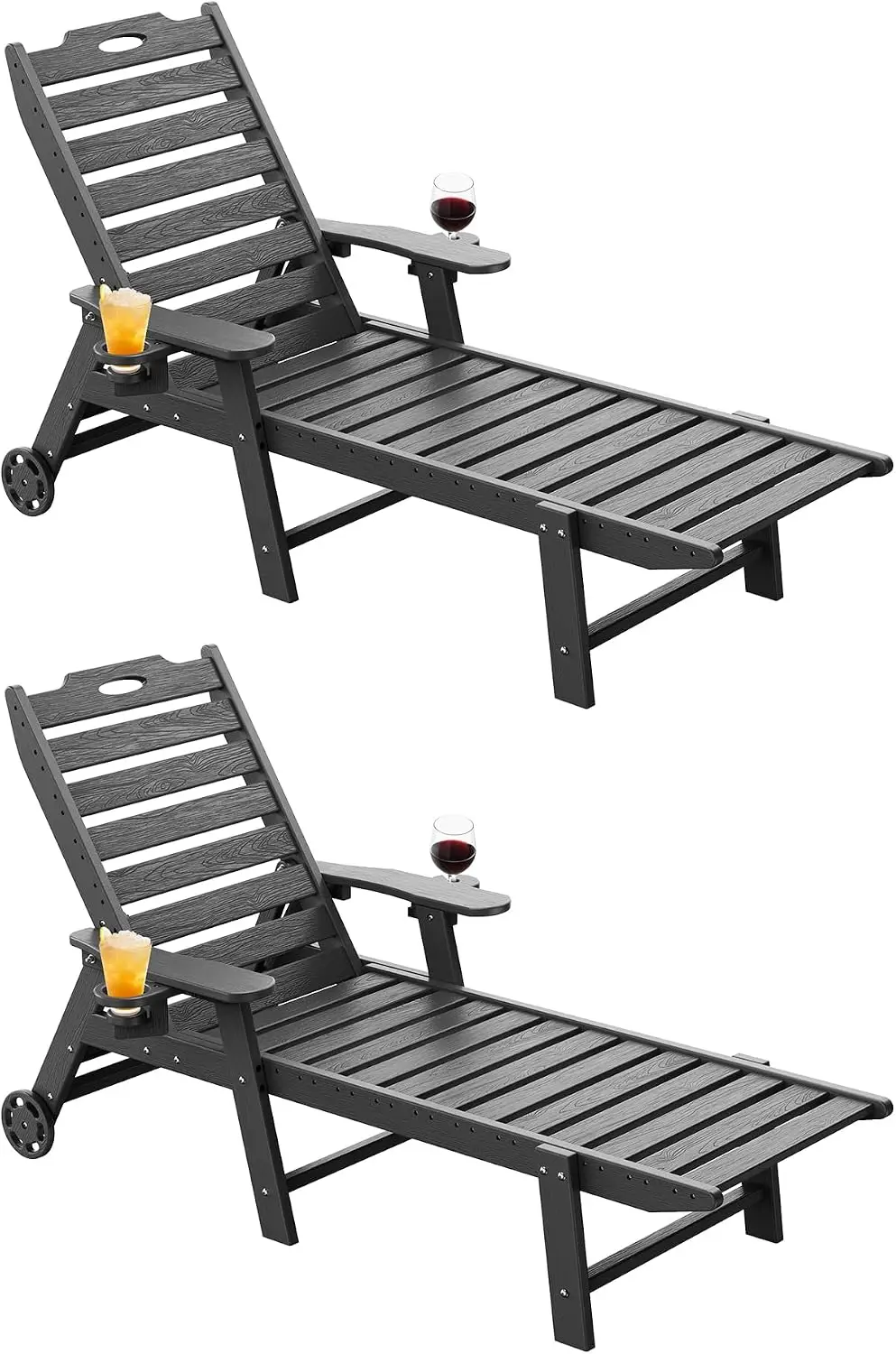 Outdoor Lounge Chair Set 2 HDPE Chaise Lounge Wheels 5 Position Adjustable Backrest 2 Cup Holders Patio Lounge Chair All Weather