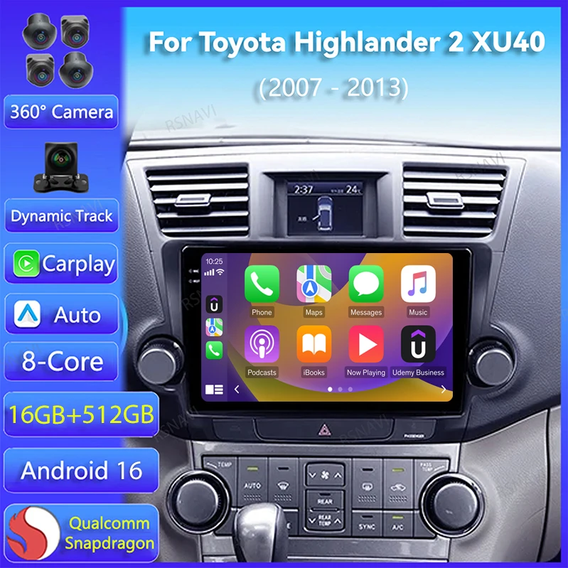 Android 16 Car Radio For Toyota Highlander 2 XU40 2007 2008 - 2013 Carplay Auto Navigation 2Din Player DSP Video Stereo WIFI+4G