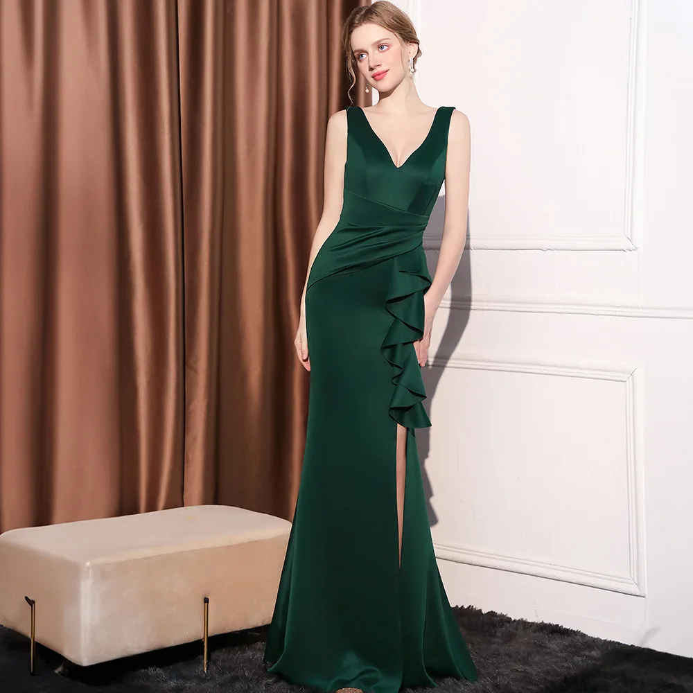 DEERVEADO Soft Satin Evening Dress for Woman Elegant Mermaid Slit Formal Dress Prom Gown Special Occasion Party Dresses 2024