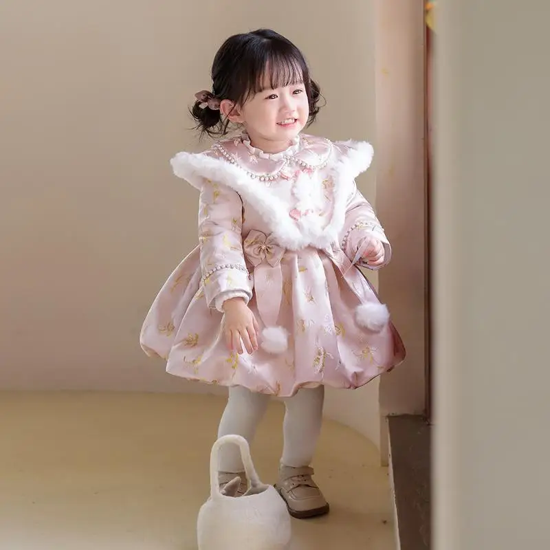 

Children Elegance Winter Baby Girls Party Clothes Retro Lace Patchwork Pink Embroidery Floral Cheongsam Ball Gown Dresses Kids