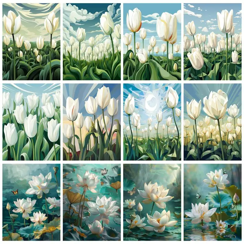 RUOPOTY Painting By Numbers White Tulips HandPainted On Canvas Oil Picture Drawing Coloring Perfect Gift By Numbers Acrylic Kits