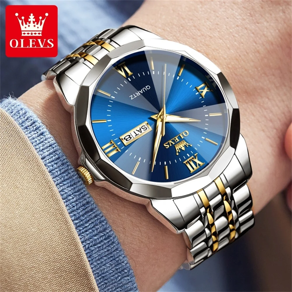 OLEVS 9989 Men\'s Watch Classic Prism Mirror Mirror Waterproof Dual Calendar Fashion Business Watch Luxury Brand Quartz Men Watch