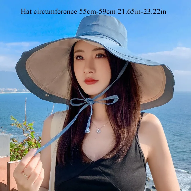 Women’s 18cm Extra Large Brim Reversible Bucket Hat Korean Style UV Protection Sun Hat for Summer Face Covering Outdoor Daily