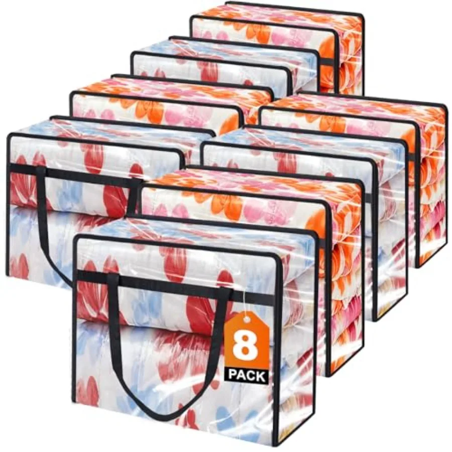 

8 Pack Clear Clothes Storage Bags Vinyl Blanket Storage Containers with Heavy Duty Zipper Foldable Moving Bags Closet Organizer