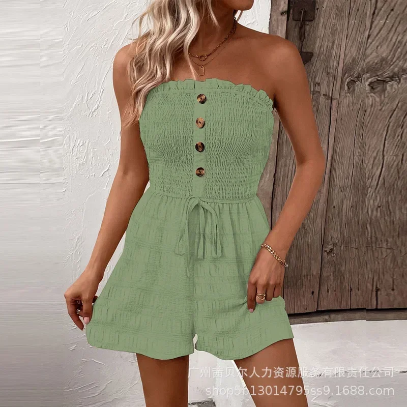 

Low Cut Rompers Playsuits Solid Color High Waist Tube Top Casual Jumpsuit Women Sexy Strapless Wide Leg Pant Jumpsuits