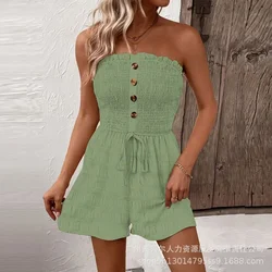 Low Cut Rompers Playsuits Solid Color High Waist Tube Top Casual Jumpsuit Women Sexy Strapless Wide Leg Pant Jumpsuits