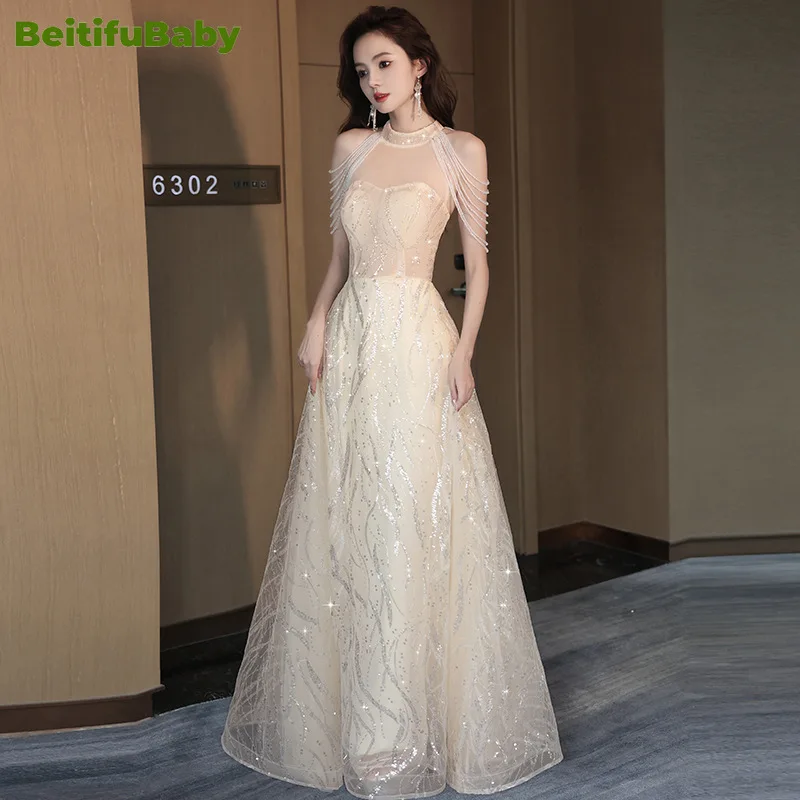 BeitifuBaby Engagement Evening Dress for Women Light Luxury Halter Tassel Banquet Gown Women\'s Wedding Party Dresses Vestidos