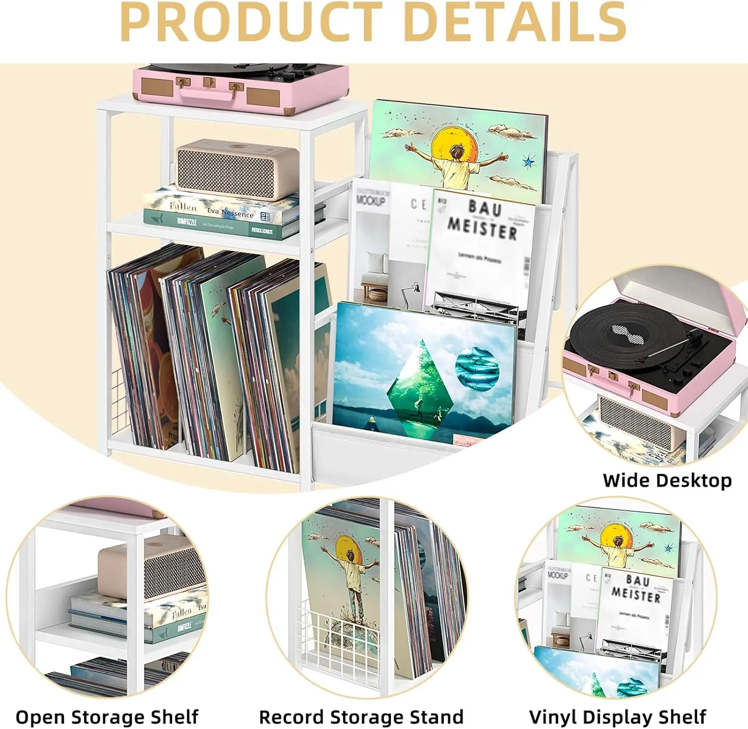 Armoire de rangement pour disques vinyles à 3 niveaux avec support de plateau tournant, table d'appoint blanche pour albums et magazines