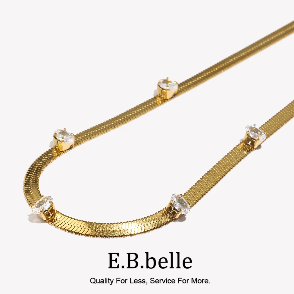 E.B.belle Design Elegant Oval Square Zircon Stone Herringbone Chain Choker Necklace Stainless Steel 18K Gold Plated Jewelry