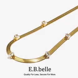 E.B.belle Design Elegant Oval Square Zircon Stone Herringbone Chain Choker Necklace Stainless Steel 18K Gold Plated Jewelry