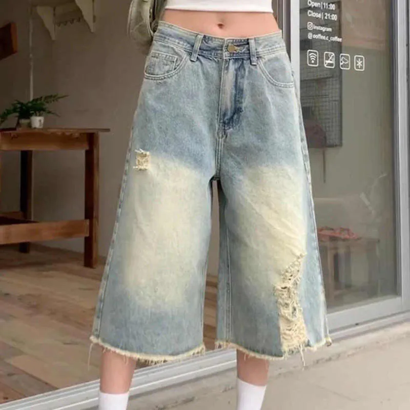 

Vintage Blue Washed Hole Denim Pants Women Summer Wide Leg Design Raw Edge Straight Jeans American Style Calf-length Pant