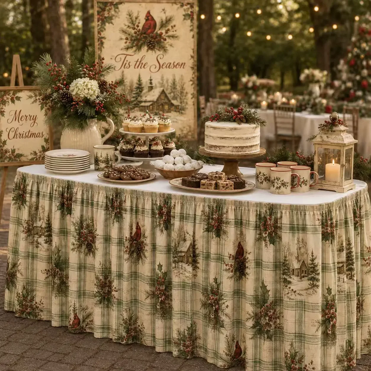 Table skirt: 1 piece. 2D flat printing. With a check pattern. Retro Christmas country style.