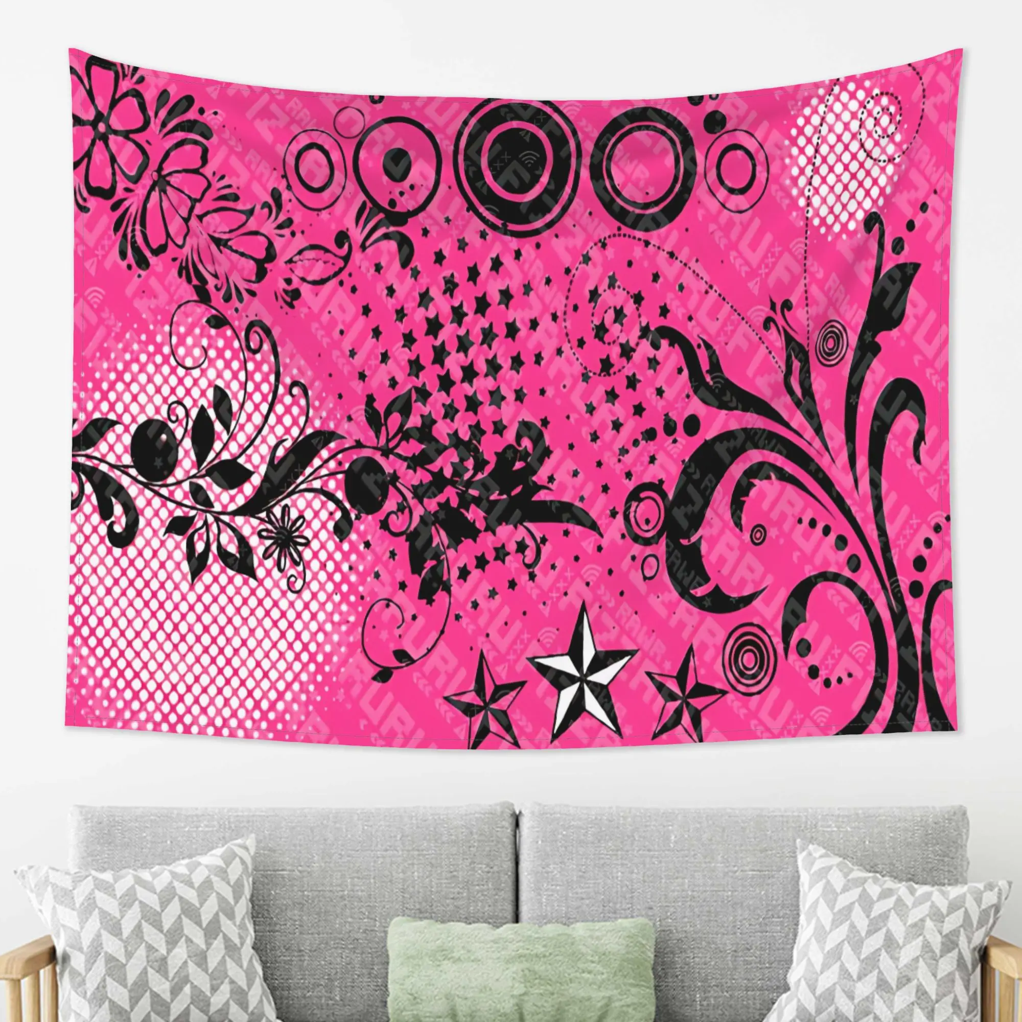 VIKAMA Y2K Millennium Style Black Pink Graffiti Tapestry Wall Hanging Home Decor for Bedroom Living Room Star Flower Wave Dot