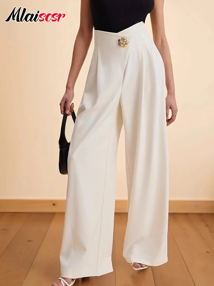 Mlaiscsr Fashion Buttons White Wide Leg Pants Women Simplicity Office Lady Straight Trend All-match Temperament Elegant Trousers