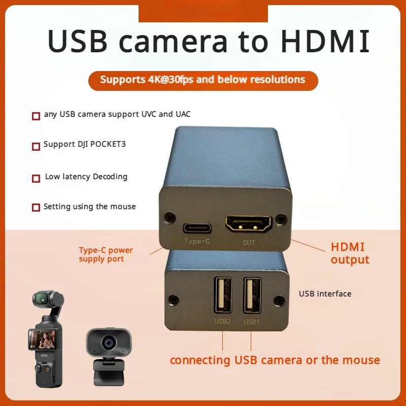 

USB camera (UVC protocol) to HDMI converter and pocket3 & Insta 360X5 & Action 5 pro to HDMI converter