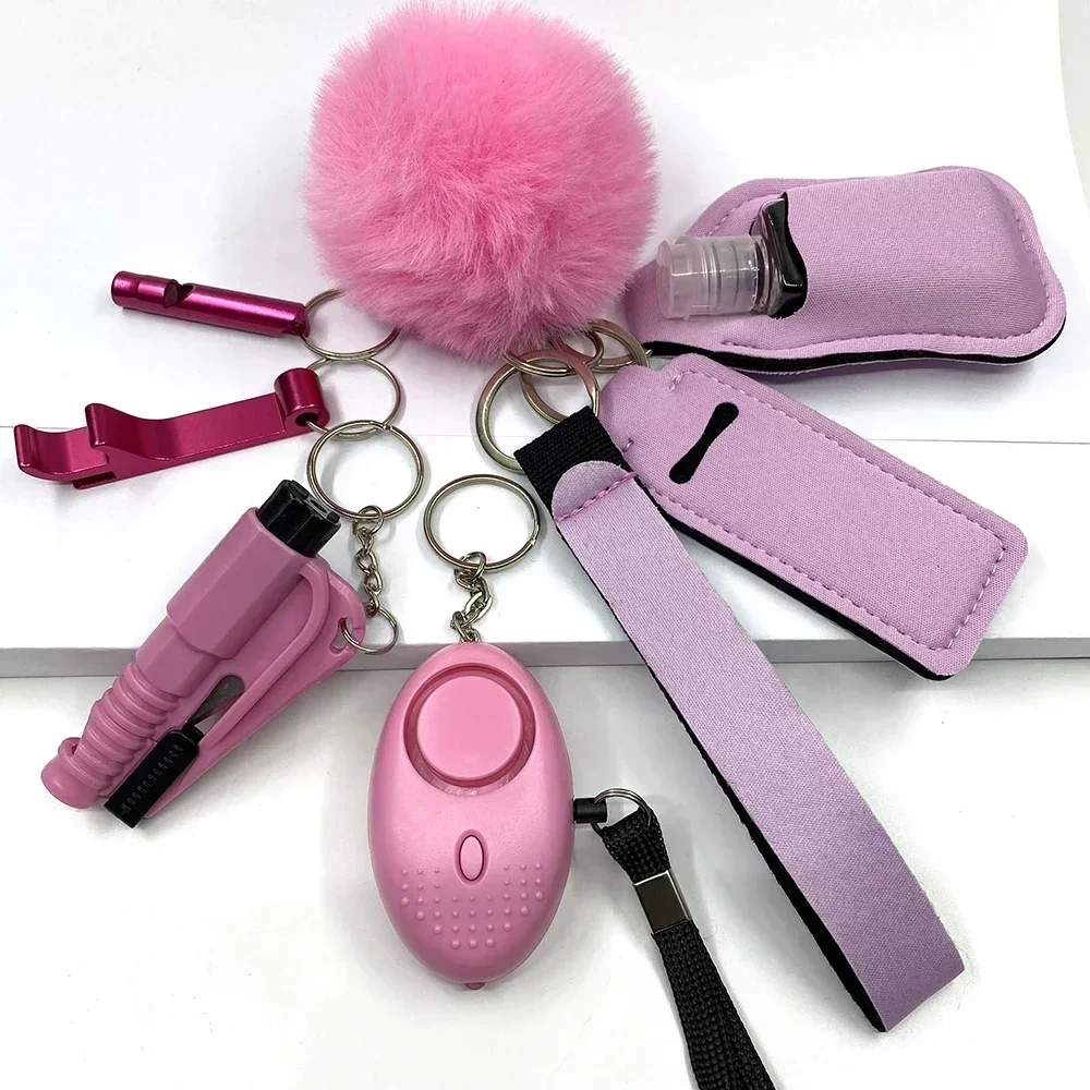 3D 8pcs Women Safety Keychain Supply Self Defense Keychain Pom Pom Fur Ball Wristlet Card Grabber Self Protection Keychain