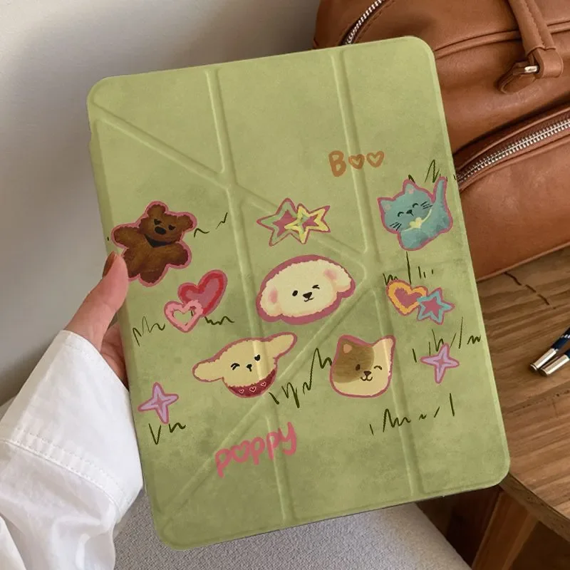 Kawaii Animal Gathering Green Fresh Cartoon Cute For iPad Case iPad 10 9 8 7 Air 5 4 3 2 Pro 11 Mini Y-Fold Tri Fold Cover