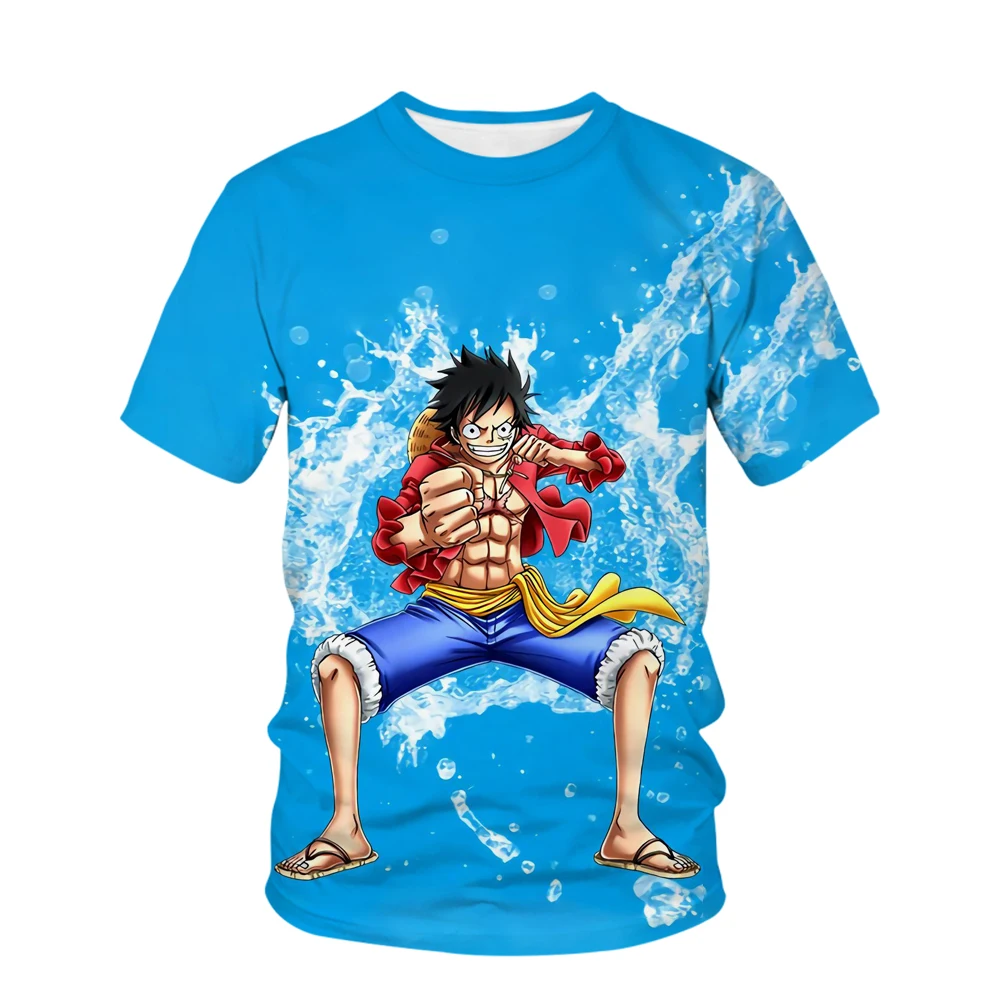 T-shirt infantil Luffy 3D estampada, blusa de meninos e meninas, manga curta, série One Piece, verão, 2024