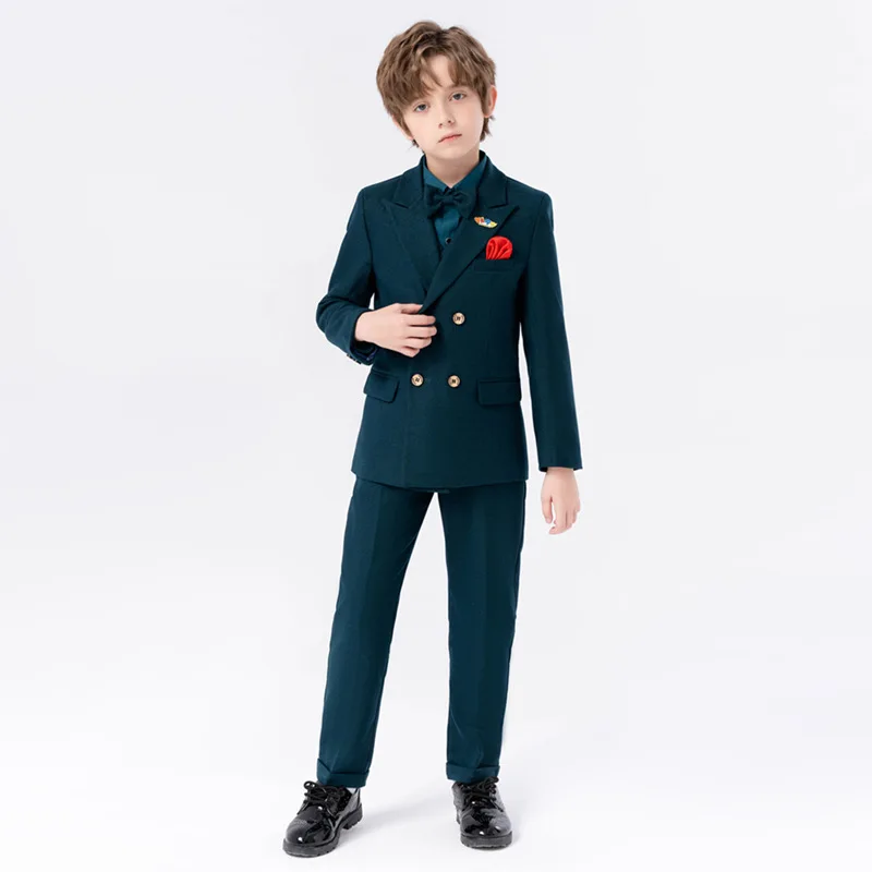 Children's Spring Autumn British Gentleman Green Suit Suit Boy's Piano Performance Party Wedding Costume Kids Blazer Vest Pants