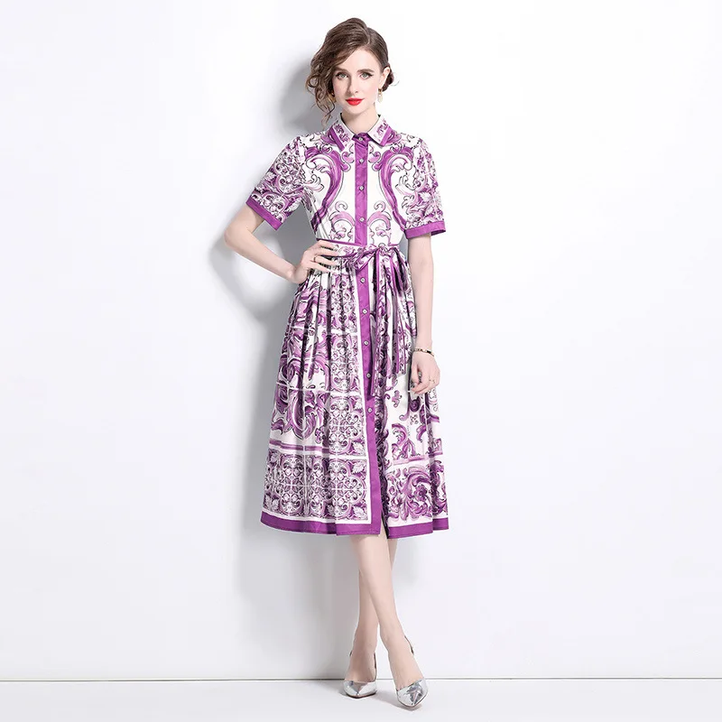 Faionable Versatile ort Sve Purple Flower Porcelain Print Cardigan Waist Cinching Single Button Open Front Winter Dr