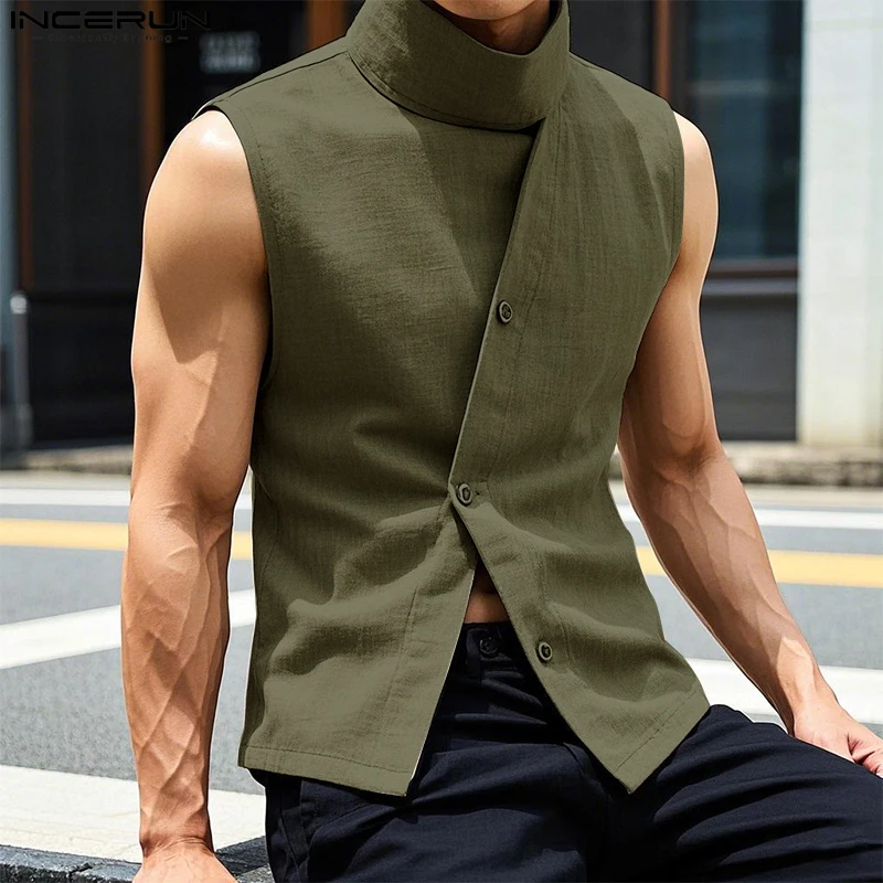 INCERUN Tops Korean Style Fashion Men Semi High Neck Design Solid Shirt Casual Streetwear Male Slanted Placket Sleeveless Blouse