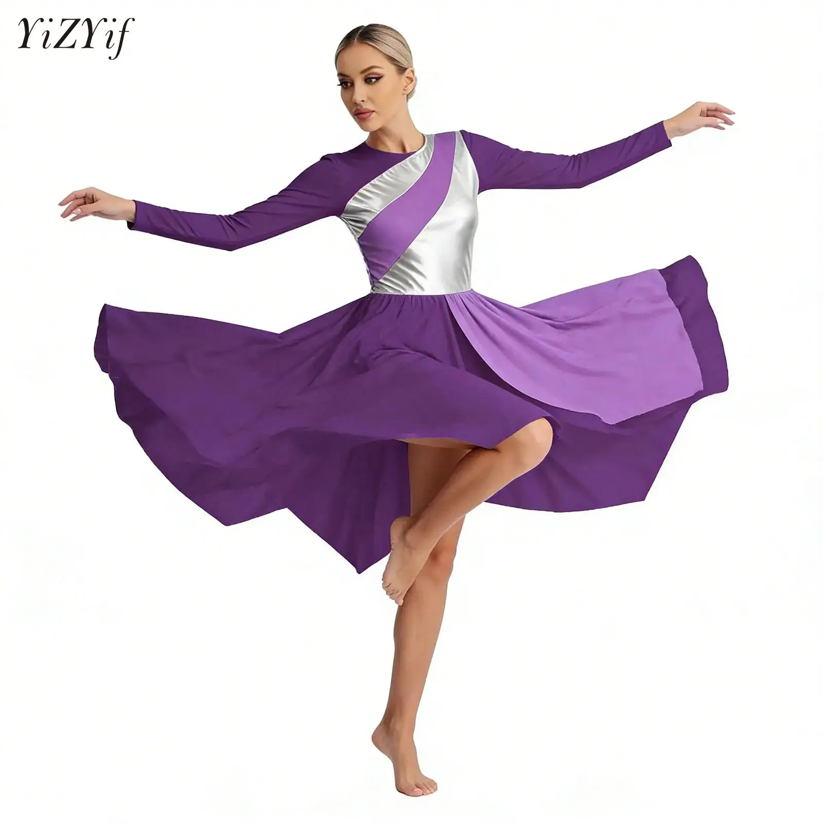Womens Contrast Color Patchwork Ballet Dance Dress Dancewear Long Sleeve Church Worship Lyrical Dance Stage Performance Costume