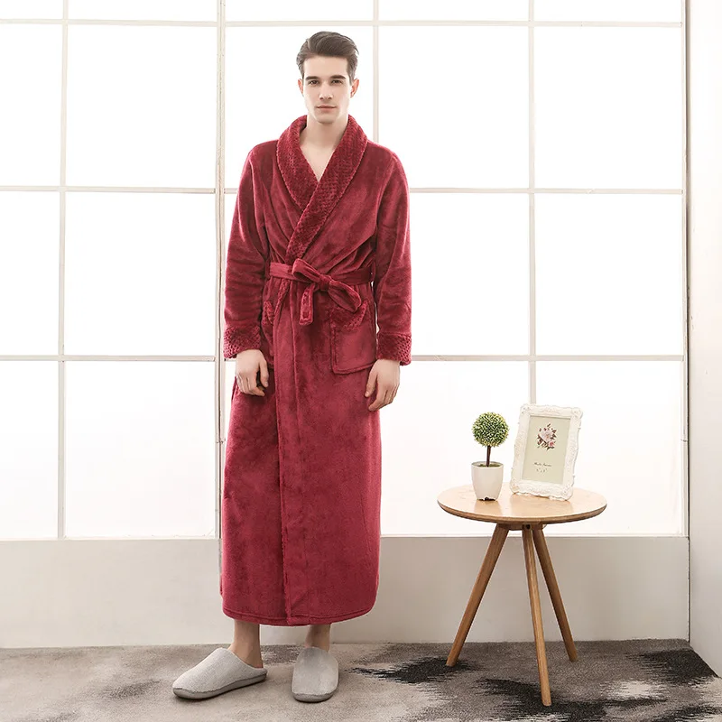 Men Dressing Gown Winter Thick Man Fleece Fluffy Long Bathrobe With Sashes Long Sleeve Solid Pockets Bath Robe Male 2024