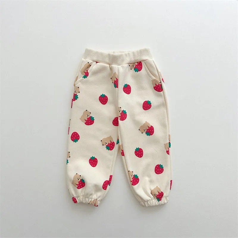 2024 New Spring Autumn Baby Cartoon Strawberry Bear Pattern Clothing Set Girls Long Sleeve Tops And Pants 2 Pieces Suit Clothes