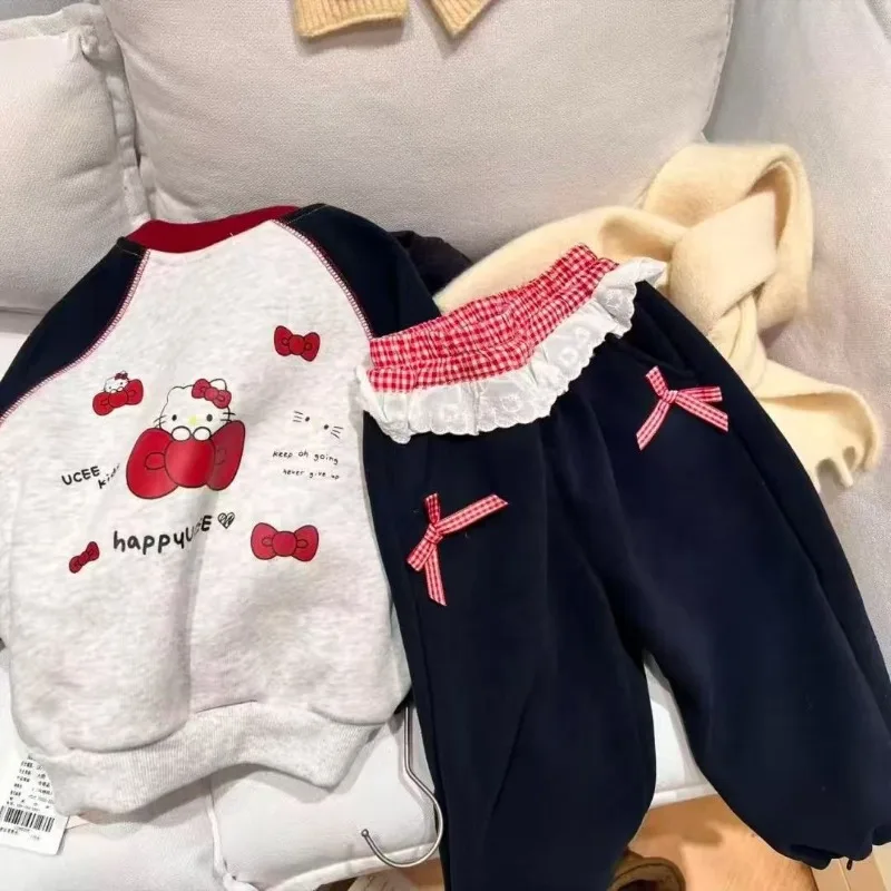 

Girly Heart Kawaii Sanrio Hello Kitty, комплект штанов с капюшоном в стиле аниме, осень-зима, милый Kt Cat, детские флисовые спортивные штаны, одежда, подарки