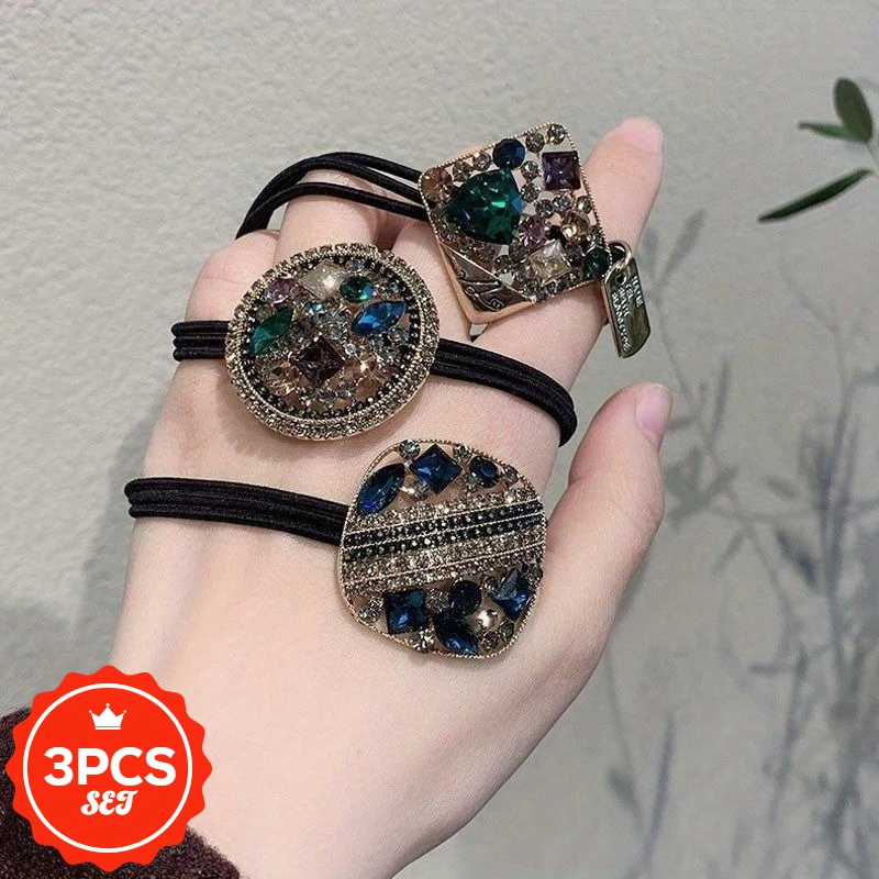 

3Pcs/set New High-end Colorful Sparkling Water Diamond Headband Exquisite Hair Tie Rubber Band Horsetail Ball Hair Elastic