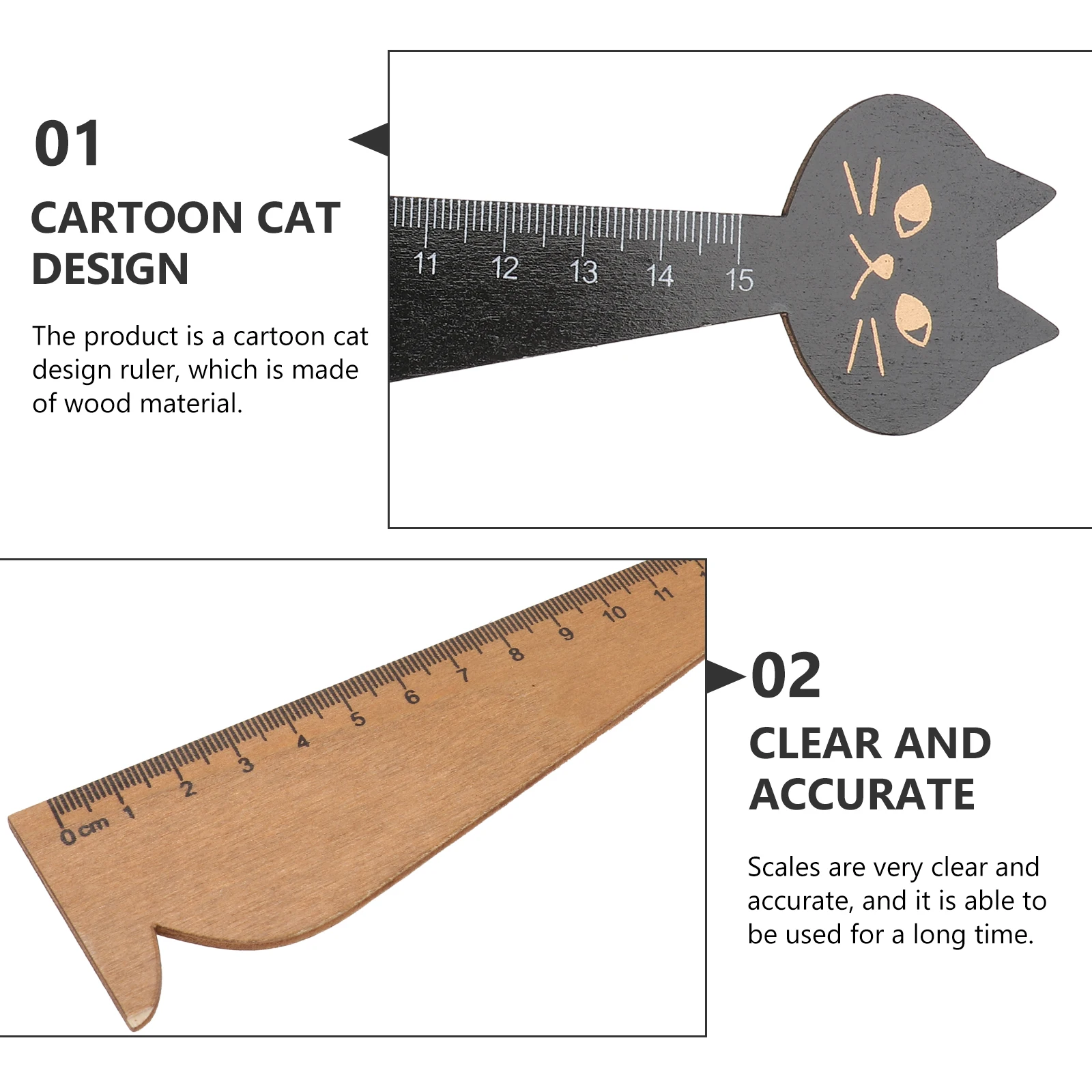 Règle de conception de chat rétro, 10 pièces, règle de dessin en bois, outil d'apprentissage de l'écriture manuscrite pour enfants, papeterie scolaire précise