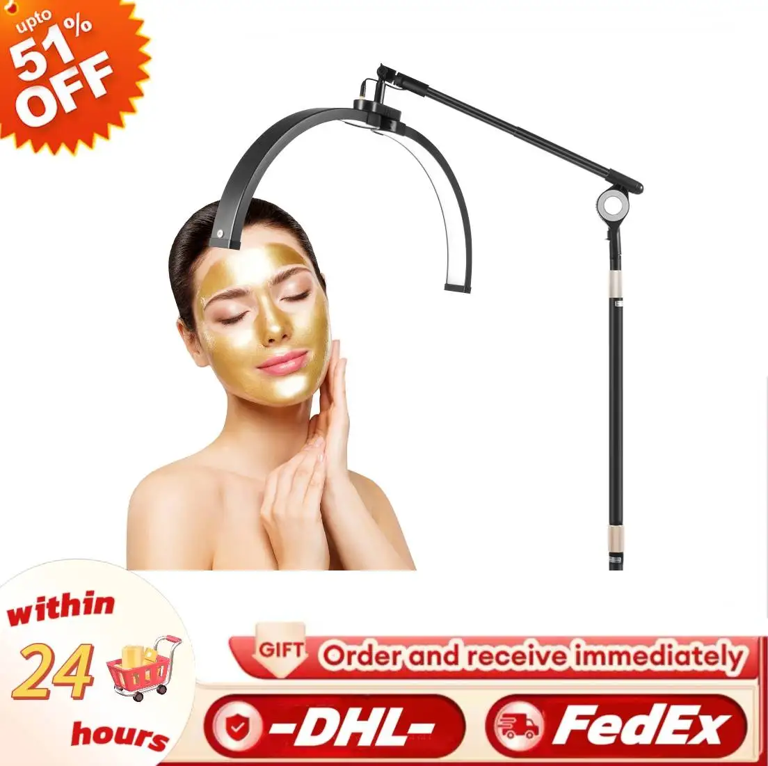 

36W/40W 25in/28in Half Moon Light 350° Adjustable,110V/220V Half-moon Ground/desktop Two-in-one Beauty Lamp with Phone Stand