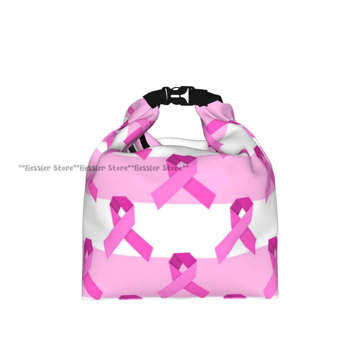 Roll-Top Insulated Lunch Bag Breast Cancer Pink Ribbon Pattern Thermal Bento Box Bag Portable Cooler Bag for Picnic
