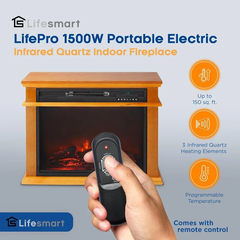 LifeSmart 1500 Watt Portable Electric Infrared Quartz Fireplace Heater for Indoor Use with 3 Heating Elements and Remote Control