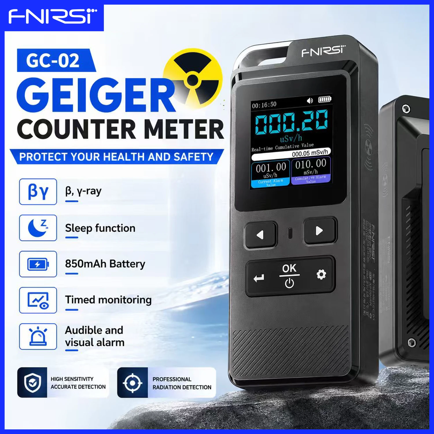 FNIRSI GC-02 Radiation Detector Geiger Counter Detect Ambient Radiation Dose X-rays and Gamma Rays 1.5Inch Display Screen