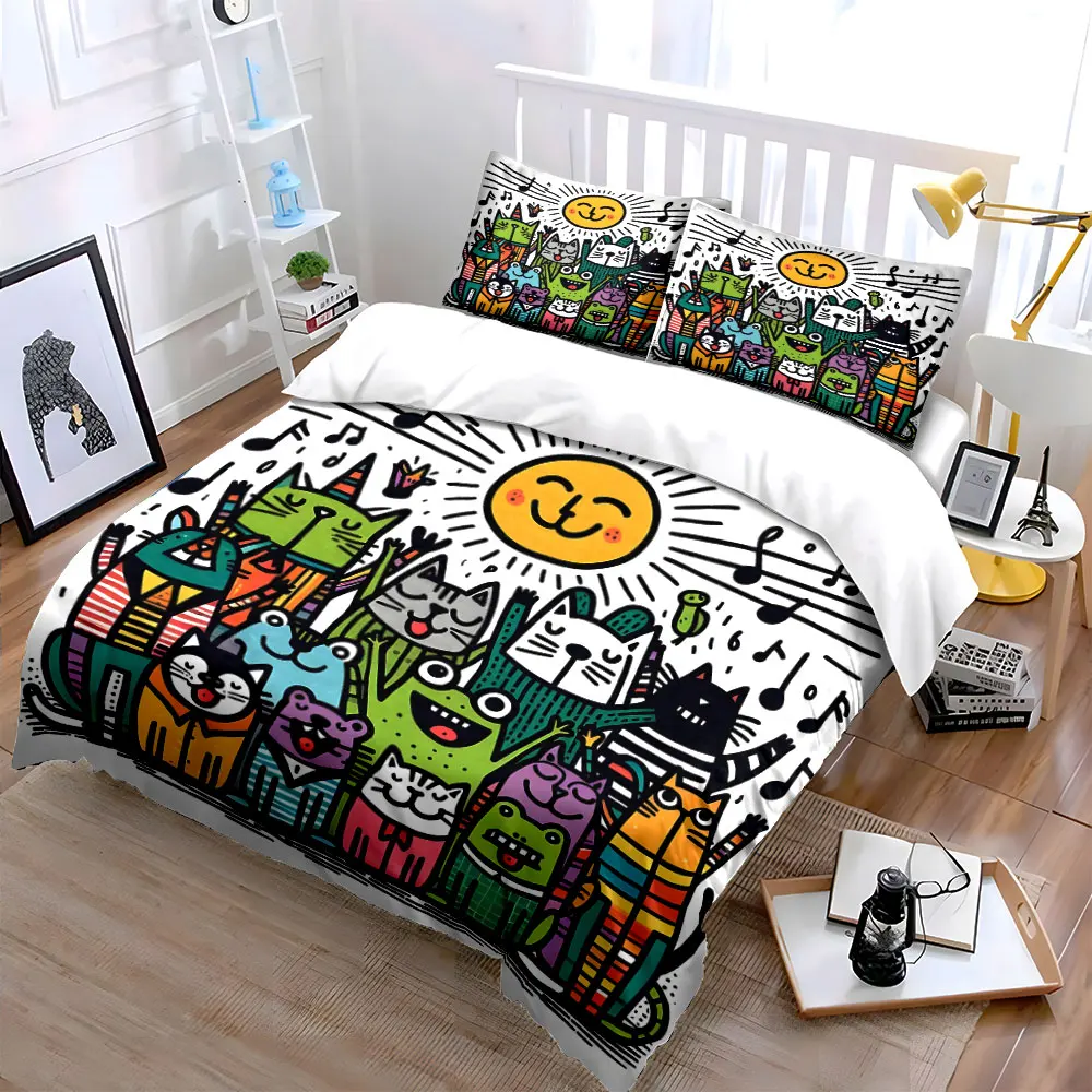 Cheerful animal choir under sunshine Print Bedding Set 1 Duvet Cover 2 Pillowcases for Adult and Children Luxury Gift
