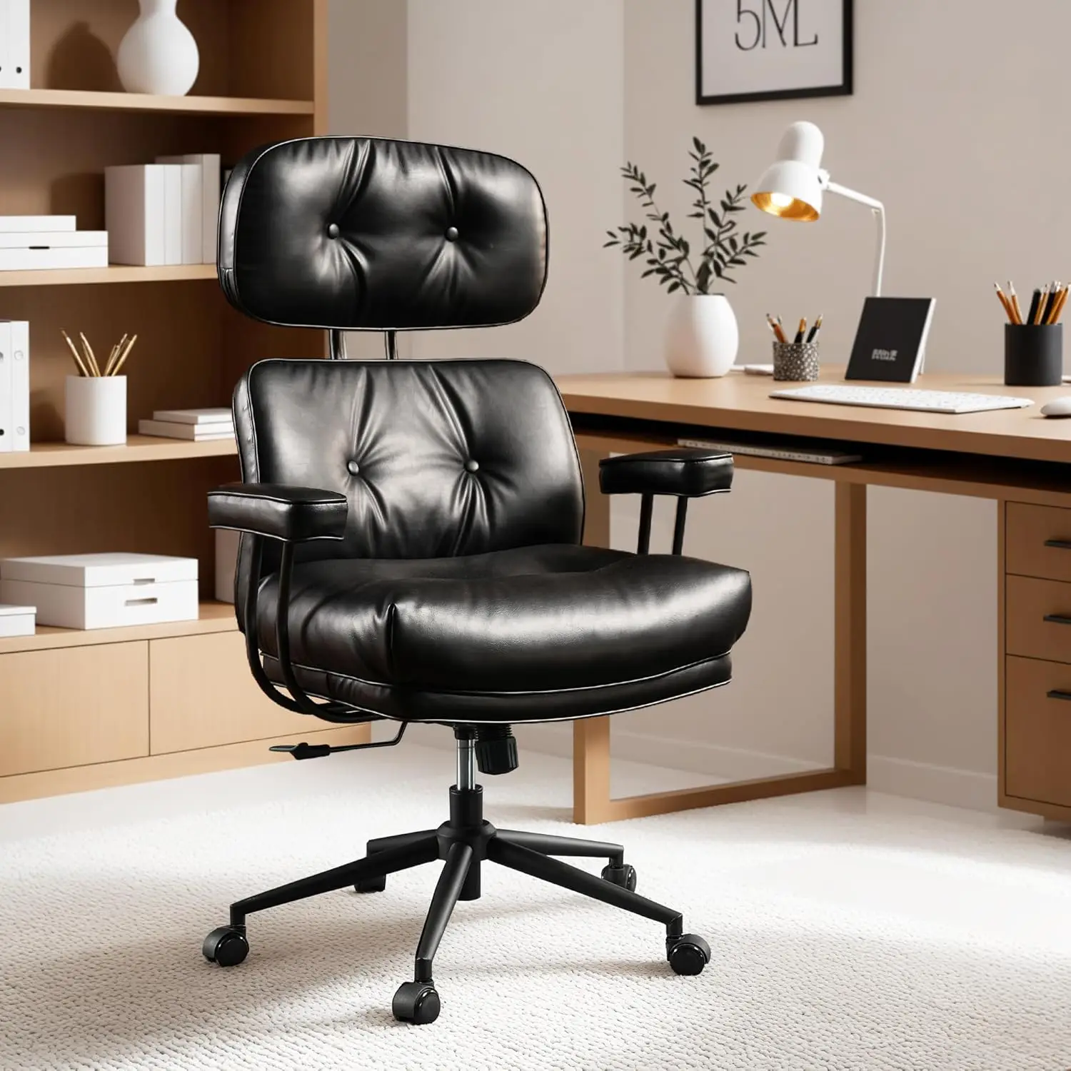 Ergonomic Home Office Chair, Mid-Century Modern Leather Chair with Lumbar Support, High Back Swivel Rolling Executive Chair